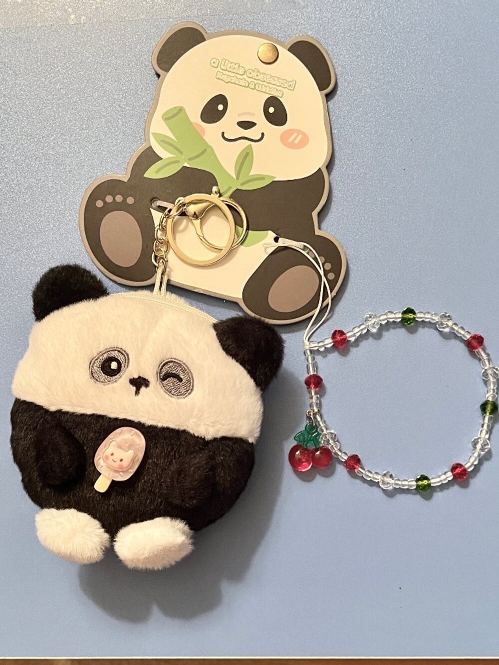 Cute Panda Plush Keychain with Cherry Bead Bracelet - Black & White